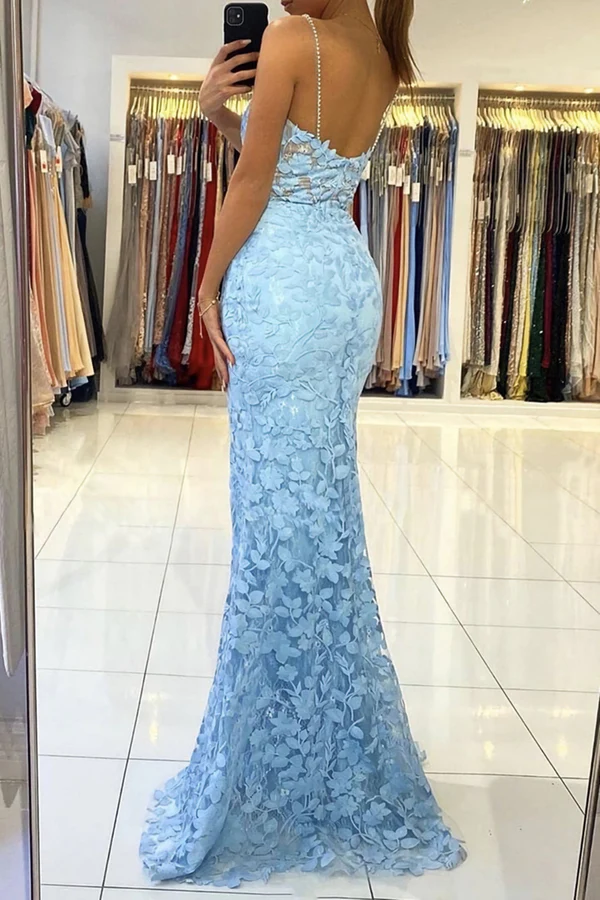 Vestido de fiesta largo de encaje azul con escote en V y espalda descubierta, vestido formal de encaje azul con corte sirena, vestido de noche de encaje azul Y1465