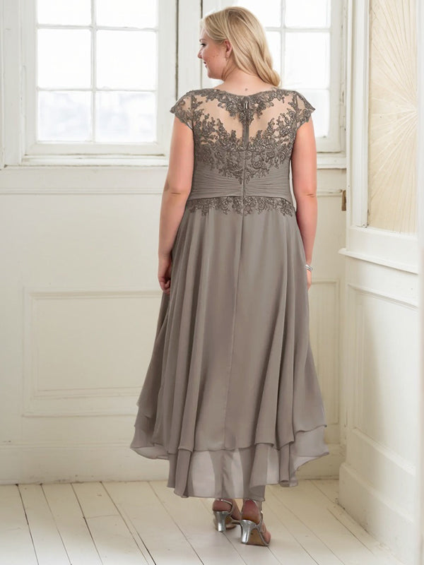 A-Linie, U-Boot-Ausschnitt, Illusion, asymmetrisches Chiffon-Spitzenkleid für die Brautmutter mit applizierten Falten
