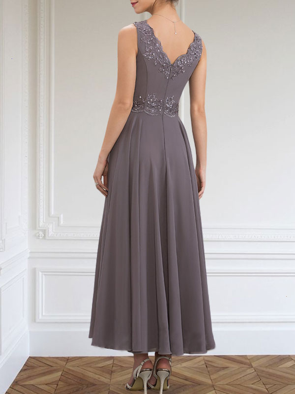 A-line V-Neck Ankle-Length Chiffon Mother of the Bride Dress With Sequins Appliques Lace Beading