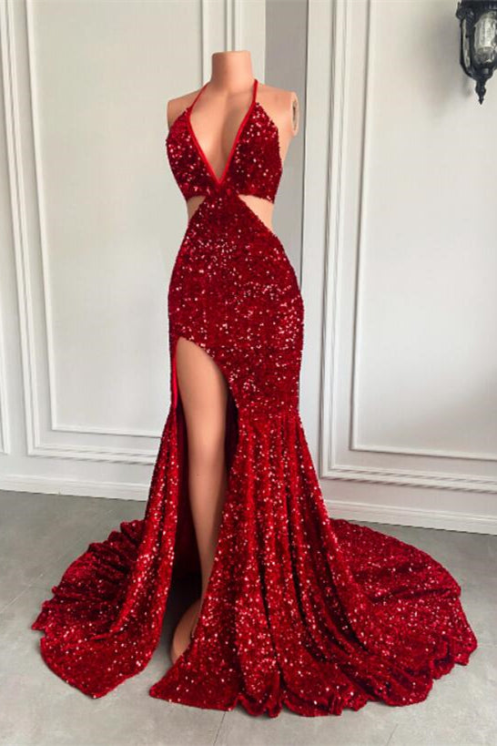 Rotes Neckholder-Ballkleid mit V-Ausschnitt und Pailletten im bodenlangen Meerjungfrau-Stil