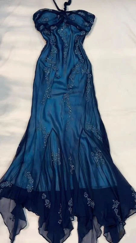 Vintage Neckholder Perlen Marineblau Chiffon Meerjungfrau Ballkleid Langes Party Abendkleid Y7504