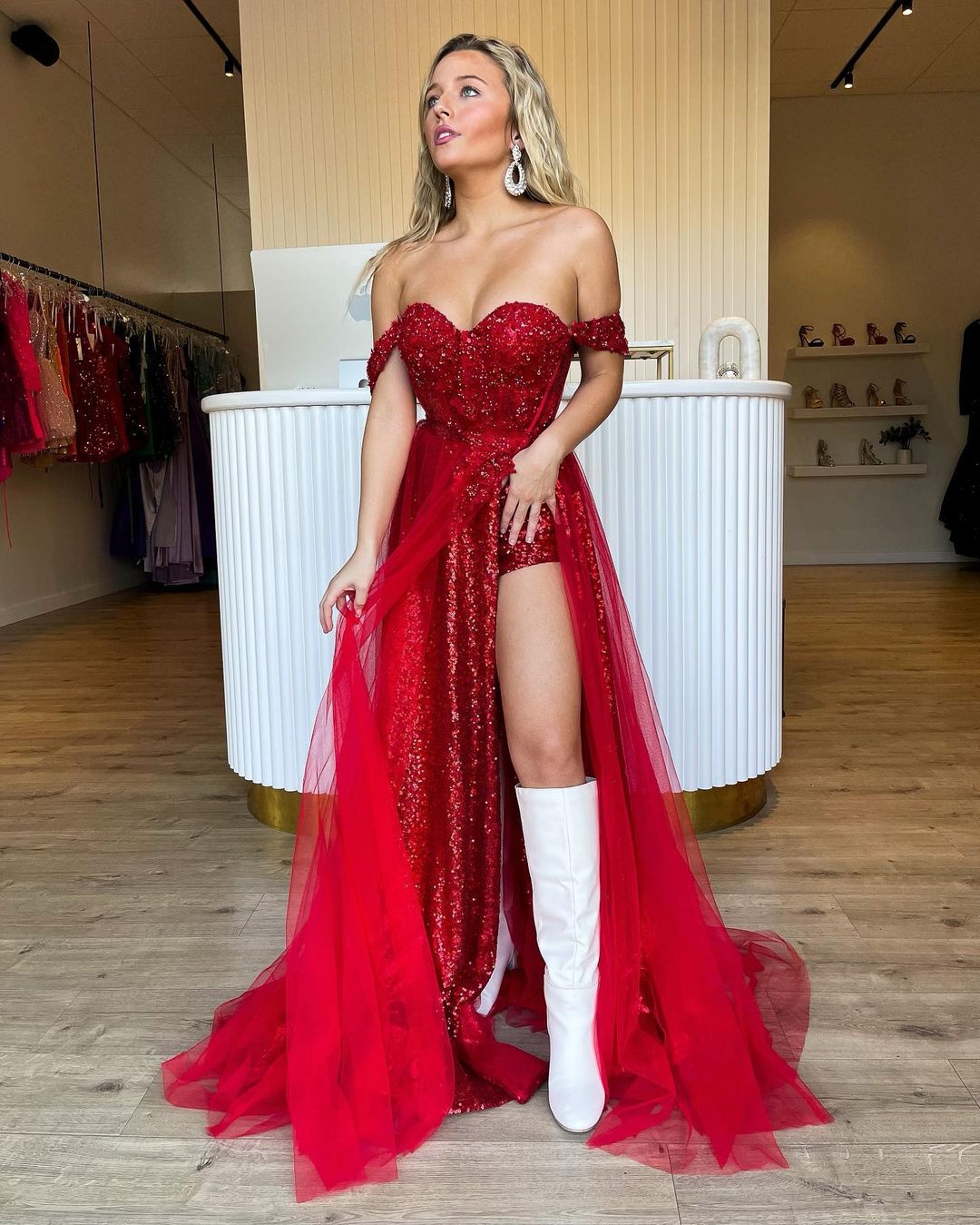 Tow Piece Off the Shoulder Red Sequins Long Prom Dresses