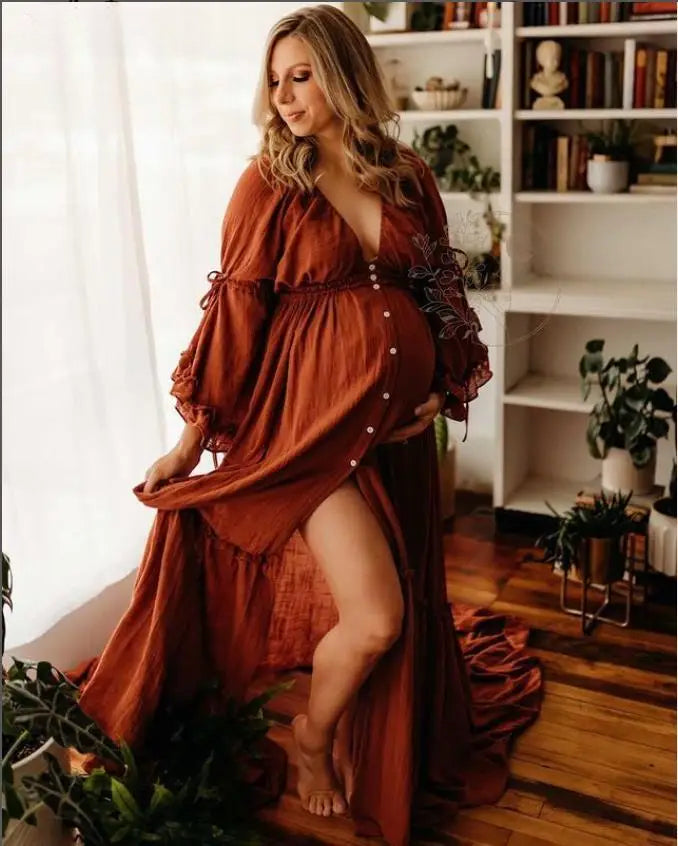 Deep V Neck Long Sleeves Maternity Dresses for Photo Shoot with Front Buttons and Adjustable Waist Sunnderly SY211202