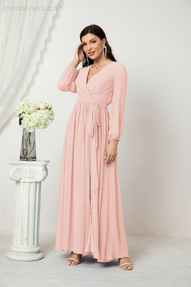 Sunnderly Evening Dresses Deep V-Neck Chiffon Bridesmaid Dresses Long Bishop Sleeve Side Split Formal Dress SY2806