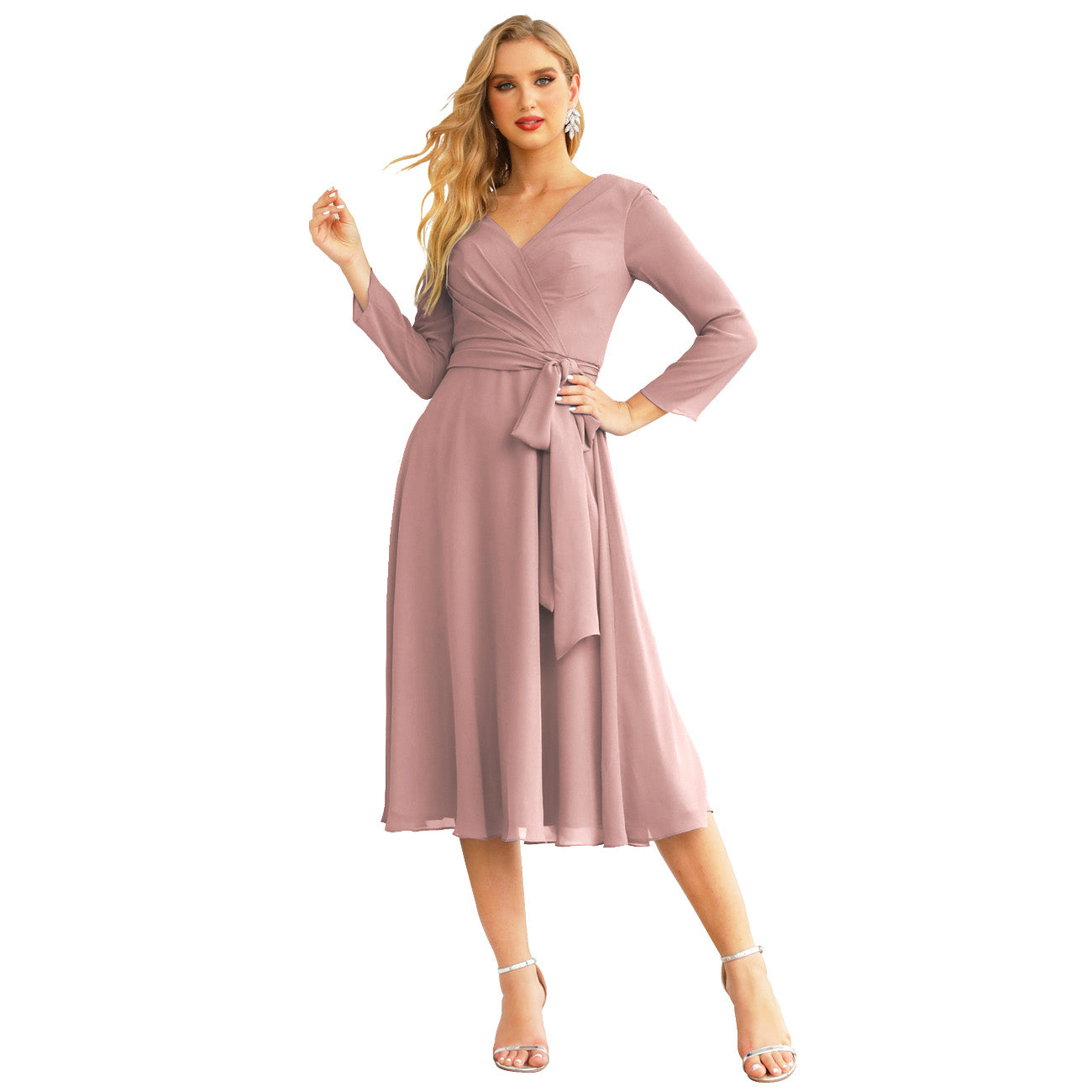 Sunnderly Chiffon Bridesmaid Dress V-Back Waist Belt Formal Prom Gown Mother of The Bride Wedding Guest