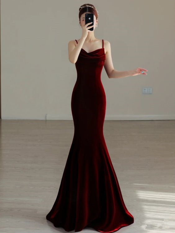 Vestido de fiesta largo con tirantes finos y corte sirena color burdeos, encantador vestido de noche color burdeos Y384