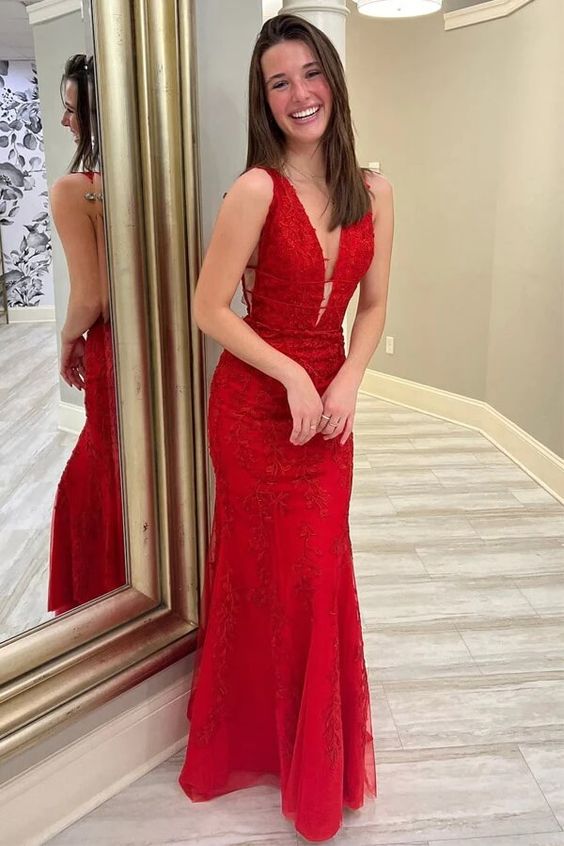 Vestido de fiesta largo con apliques de encaje rojo, corte sirena, escote en V profundo, vestido de noche Y369