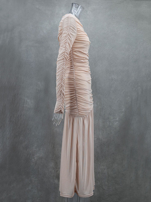 Long Sleeves Skinny Pleated See-Through Solid Color Split-Joint Round-Neck Evening Dresses Maxi Dresses