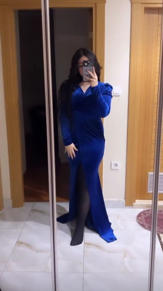 Elegant Royal Blue Velvet Evening Dress,Royal Blue Evening Gown Y5666