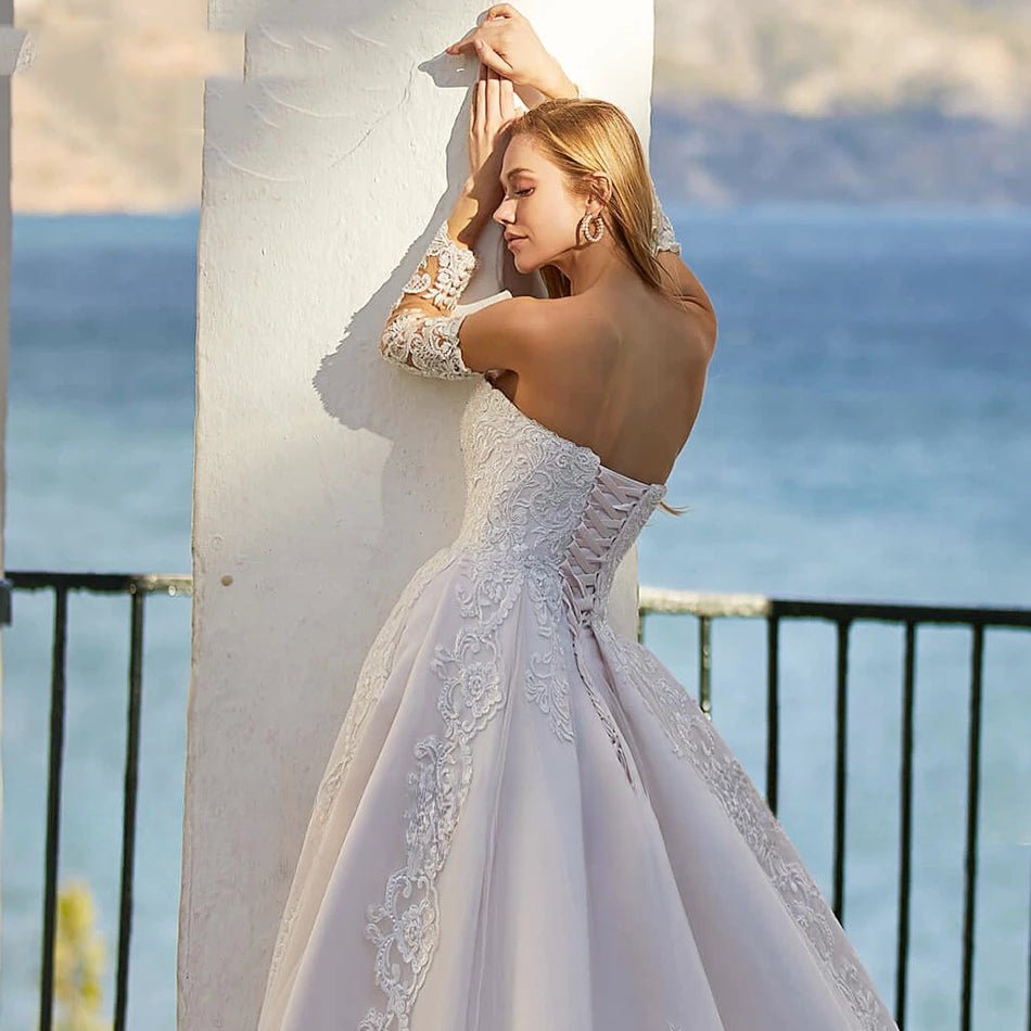 Word Wedding Dresses Women's Elegant Bohemian Beaded Sweetheart Princess Off Shoulder Long Sleeve Lace Applique Bride Gowns-payinti