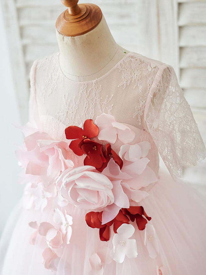 A-line 1/2 Sleeves Lace Tulle Knee-length 3D Flower Girl Dresses