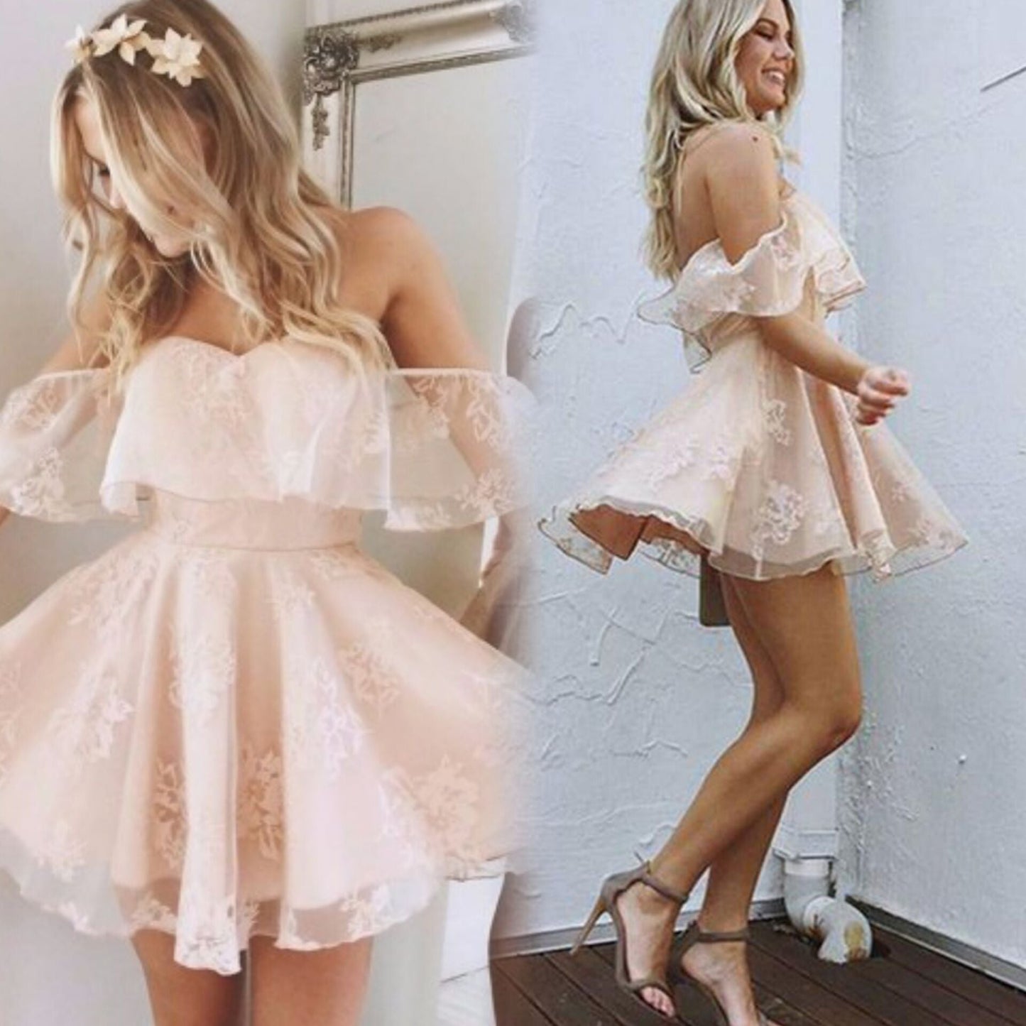 Vestidos de fiesta de encaje con hombros descubiertos y espalda media