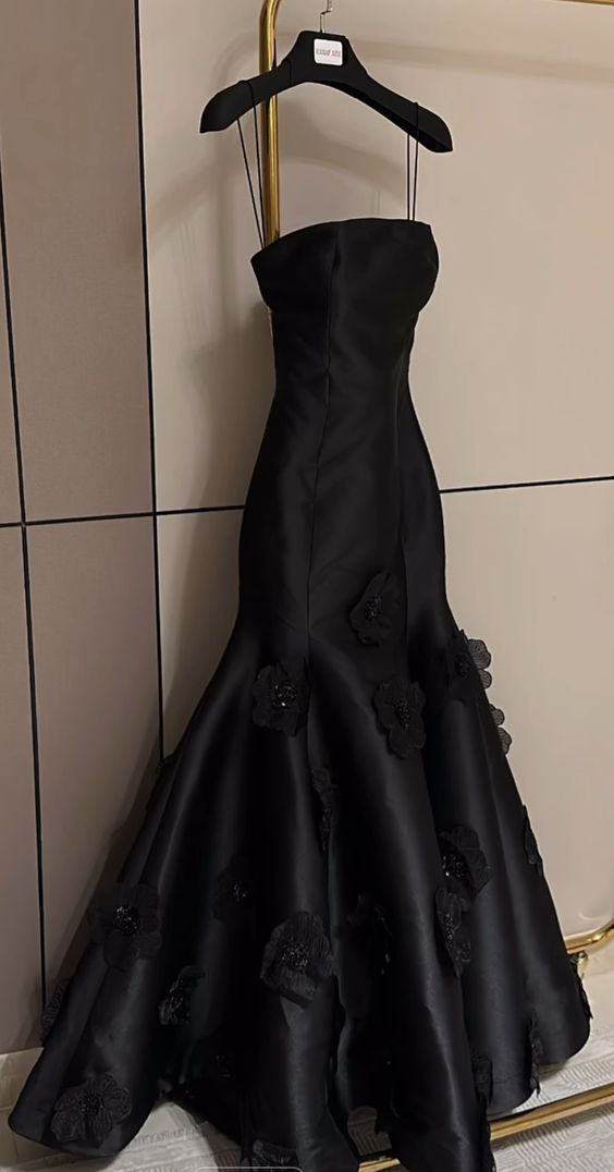 Schwarzes trägerloses Abendkleid im Meerjungfrau-Stil mit Blumenmuster, formelles Ballkleid Y7459