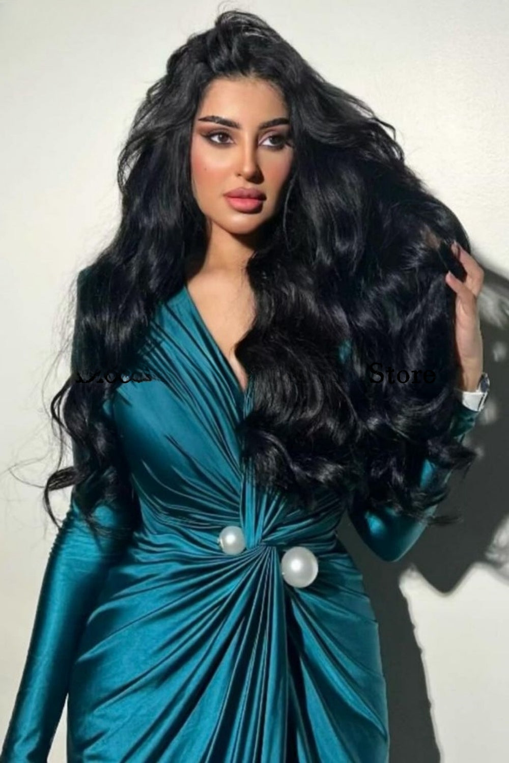 V-neck Long Sleeves Formal Evening Dress Pearls Ruched Floor-length Elegant Women Wedding Party Dresses For Prom-payinti