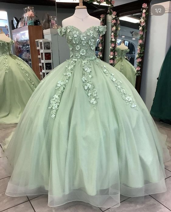 Vestido de quinceañera verde salvia con hombros descubiertos y flores, estilo dulce 16, Y4342
