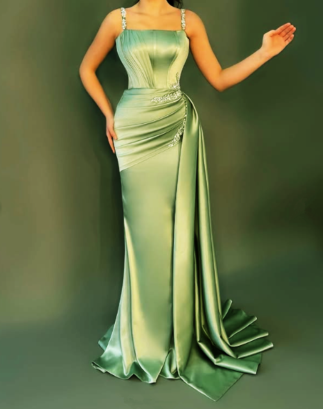Elegante vestido de fiesta de sirena con tirantes finos de satén azul y cuentas, vestido de noche Y8537