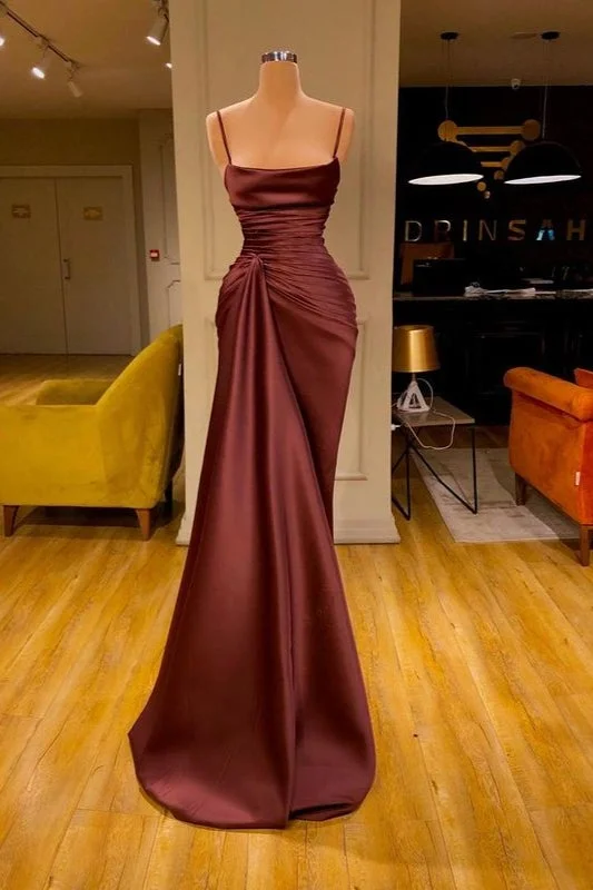 Vestido de fiesta largo de sirena plisado con tirantes finos color burdeos 6868