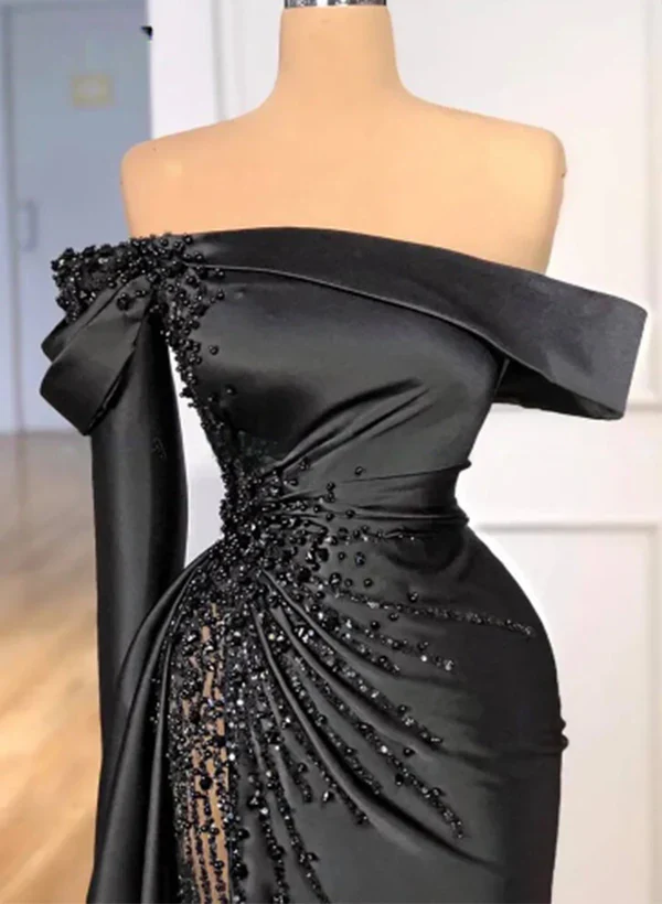 Mode Schwarz Perlen Satin Etuikleid Ballkleid Off The Shoulder Langes Abendkleid Y8030