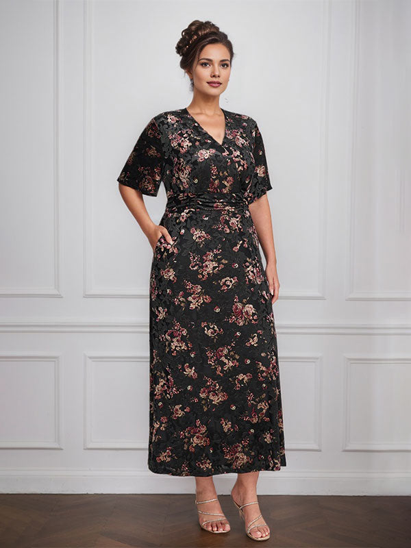 Vestido vintage liso de terciopelo con escote en V y mangas cortas, largo hasta la rodilla, para madre de la novia con abertura