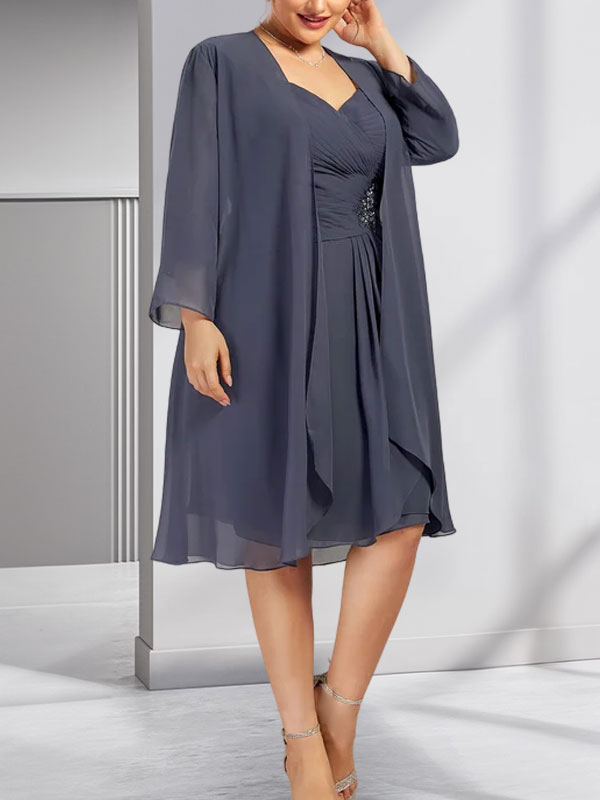 Sheath/Column Sweetheart Knee-Length Chiffon Mother of the Bride Dress With Beading Appliques Lace Sequins Pleated