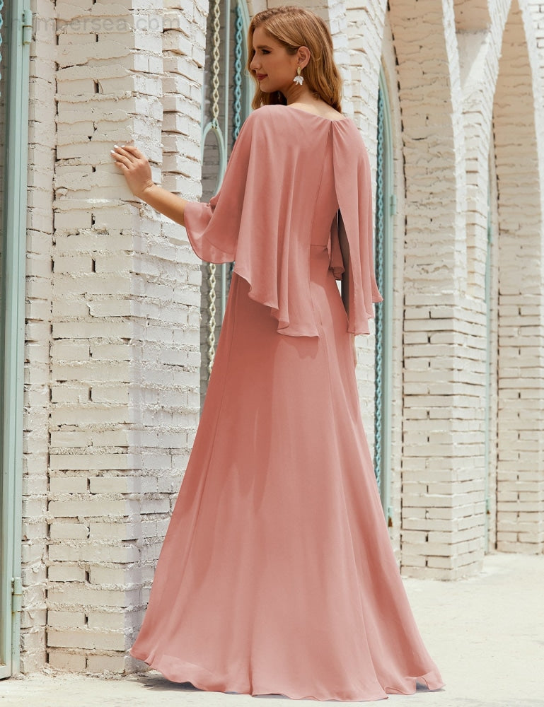 Vestido de dama de honor Sunnderly para mujer, de gasa, manga larga y cuello en V, vestido formal para boda o fiesta SY28018