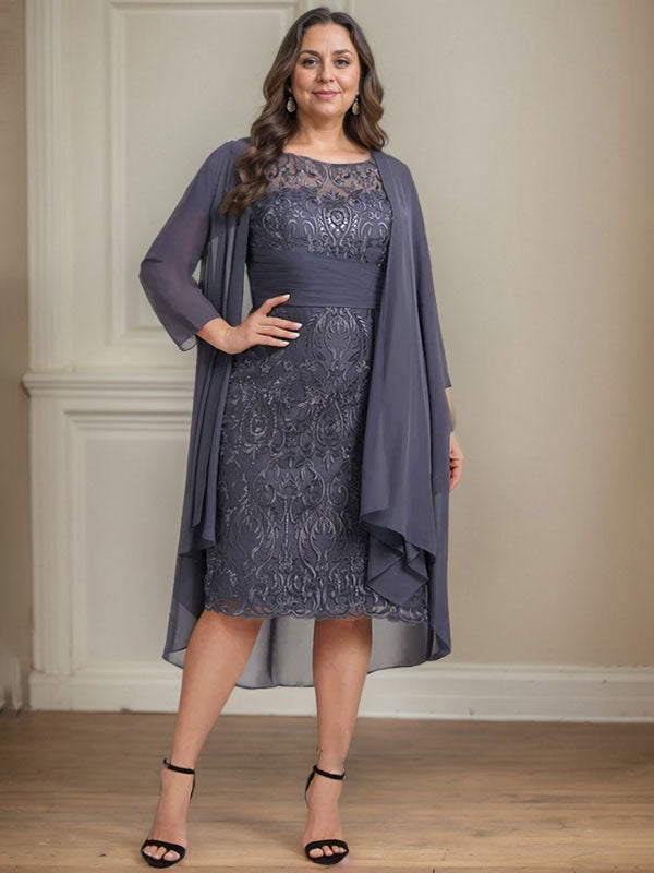 Sheath/Column Scoop Illusion Knee-Length Lace Chiffon Mother of the Bride Dress With Cascading Ruffles Sequins