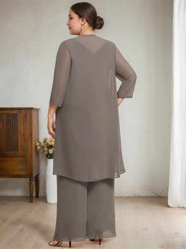 Separates Jumpsuit/Hosenanzug, U-Ausschnitt, bodenlanges Chiffon-Spitzenkleid für die Brautmutter mit Perlen und Pailletten