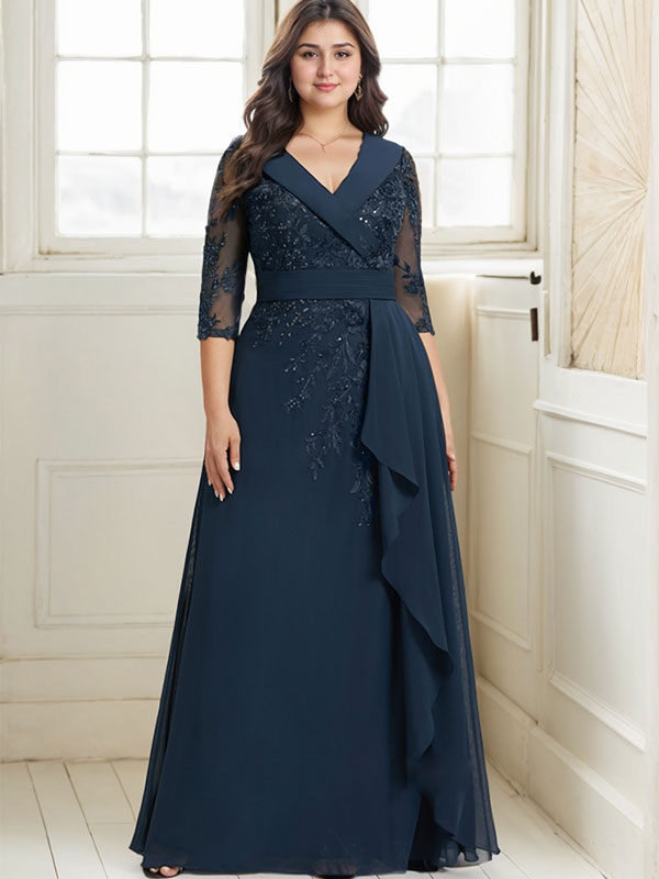 A-Linien-Kleid mit Kragen, V-Ausschnitt, bodenlanges Chiffon-Spitzenkleid für die Brautmutter mit Pailletten und kaskadierenden Rüschen