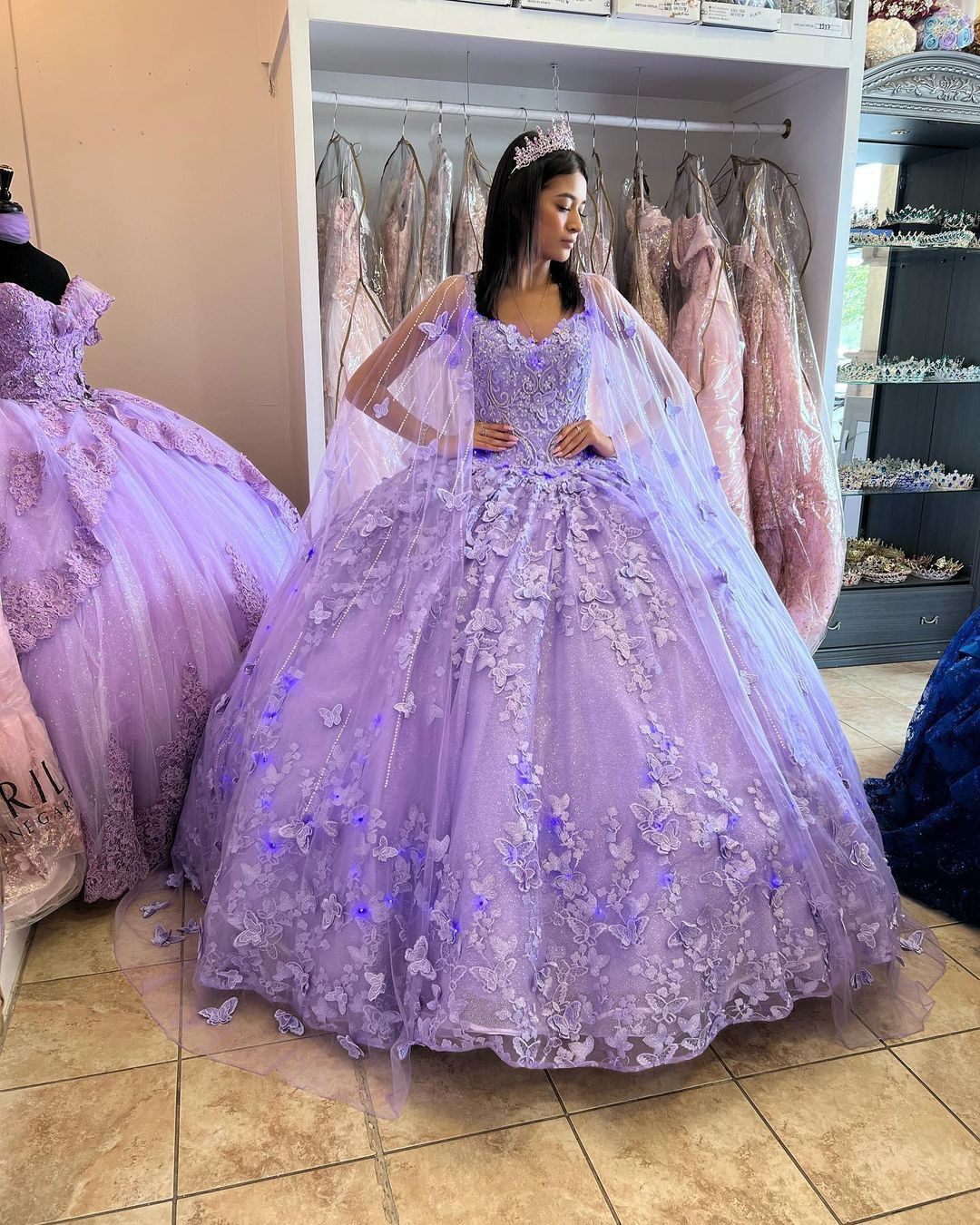Lilac Quinceanera Dresses Beaded Ball Gown With Cape Y5211