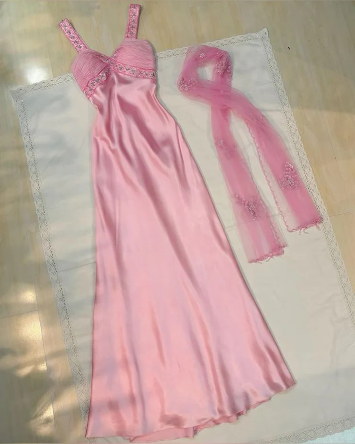 Hübsches rosa Satin-A-Linien-Ballkleid mit Trägern Y8070