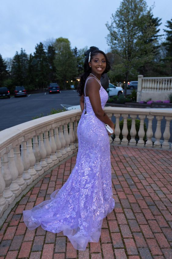 Elegant Lilac Lace Mermaid Evening Dress Lilac Evening Gown Y6478