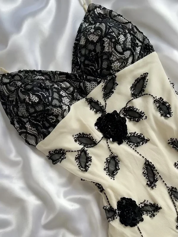 Hübsches Elfenbein Chiffon Spitze Perlen Ballkleid Meerjungfrau Langes Abendkleid Y8305