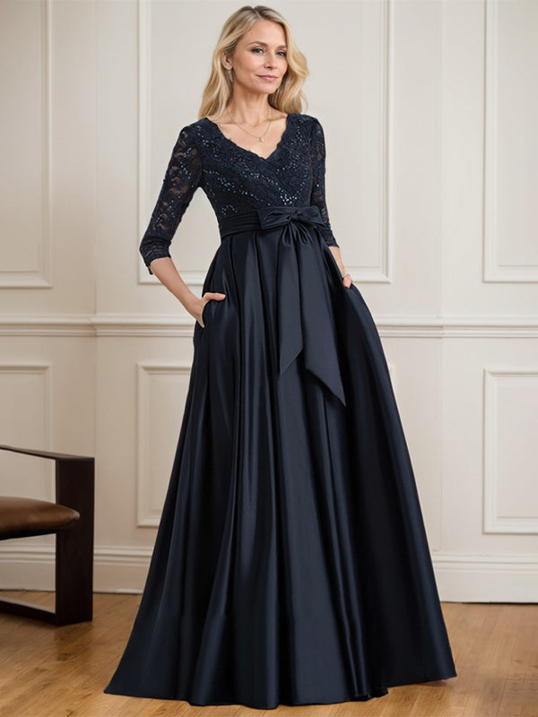 A-Linie V-Ausschnitt Bodenlanges Satin-Spitzenkleid für die Brautmutter mit Paillettenschleife