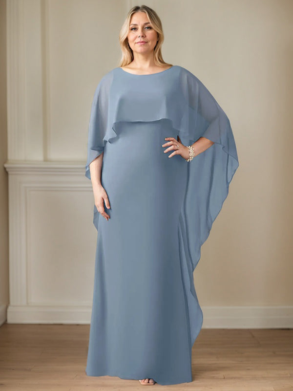 Bodenlanges Etui-Kleid aus Chiffon mit U-Ausschnitt und kaskadierenden Rüschen