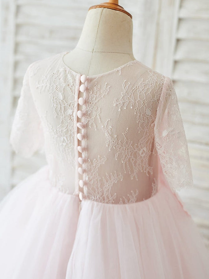 A-line 1/2 Sleeves Lace Tulle Knee-length 3D Flower Girl Dresses