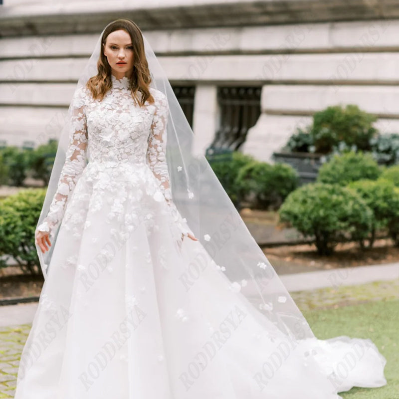 Princess Long Sleeve Wedding Dress For Women Romantic Lace High Neck Bride Party Gorgeous Applique Boho Bridal Gown-payinti