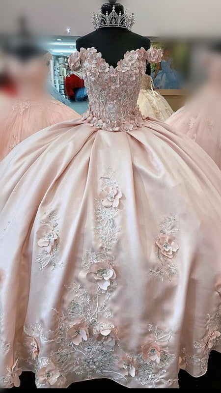 Vestido de quinceañera rosa con hombros descubiertos y flores 3D, vestido rosa para dulces 16 Y714