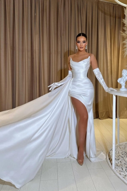 A-Line Floor-Length Sleeveless Strapless Charmeuse Split Front Stain Prom Dresses with Ruffles