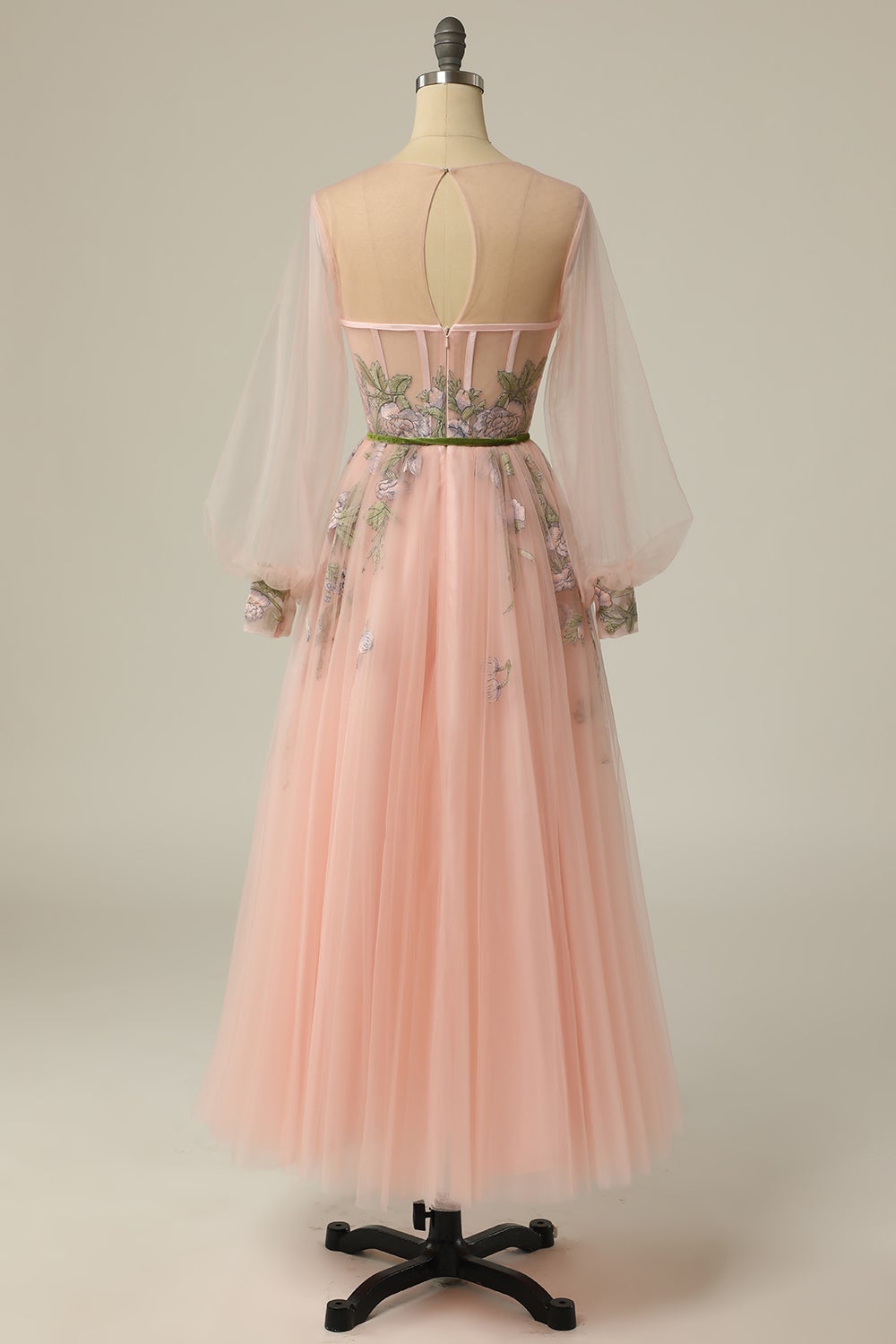 A Line Scoop Long Sleeve Tulle Prom Dress with Floral Embroidery