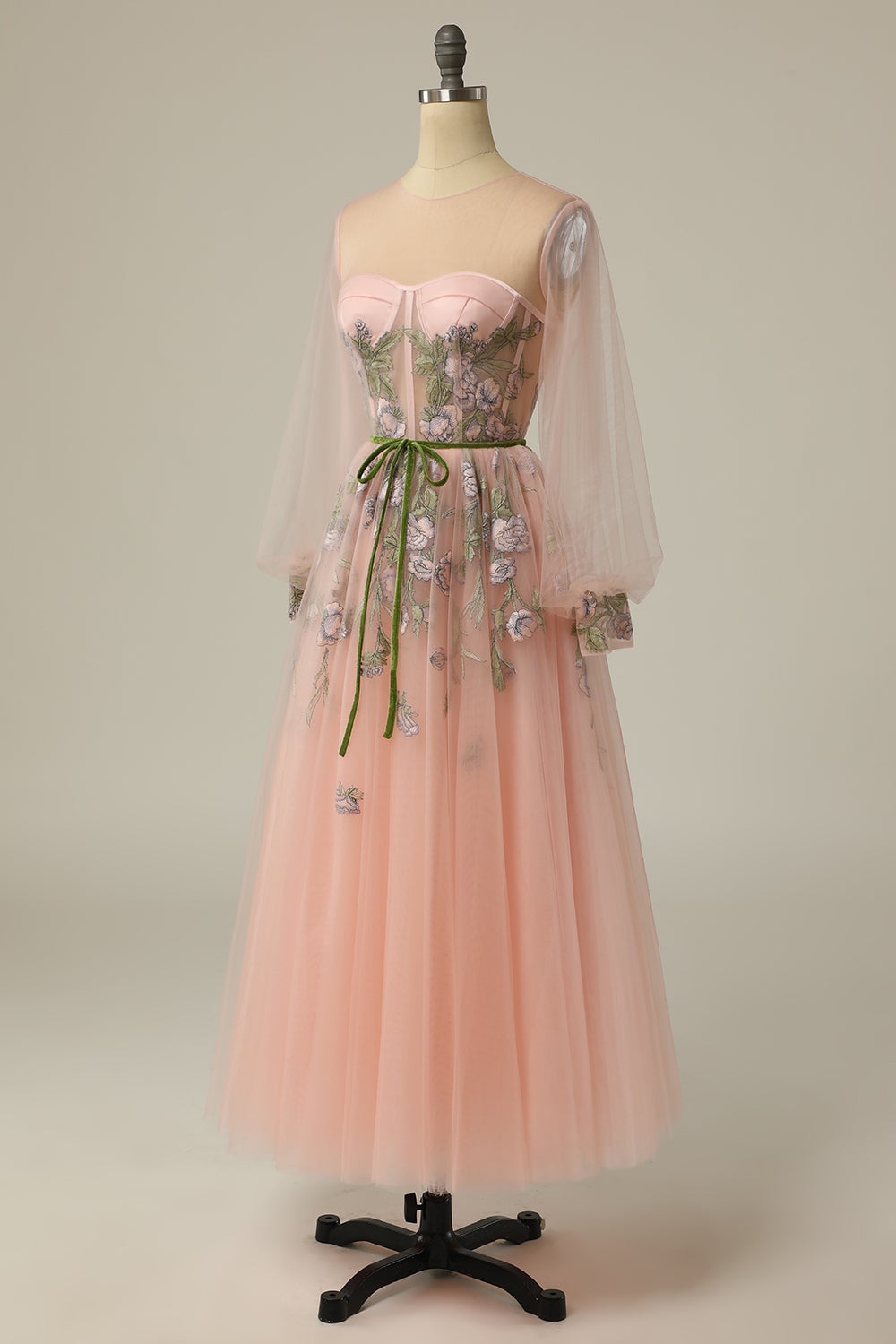 A Line Scoop Long Sleeve Tulle Prom Dress with Floral Embroidery