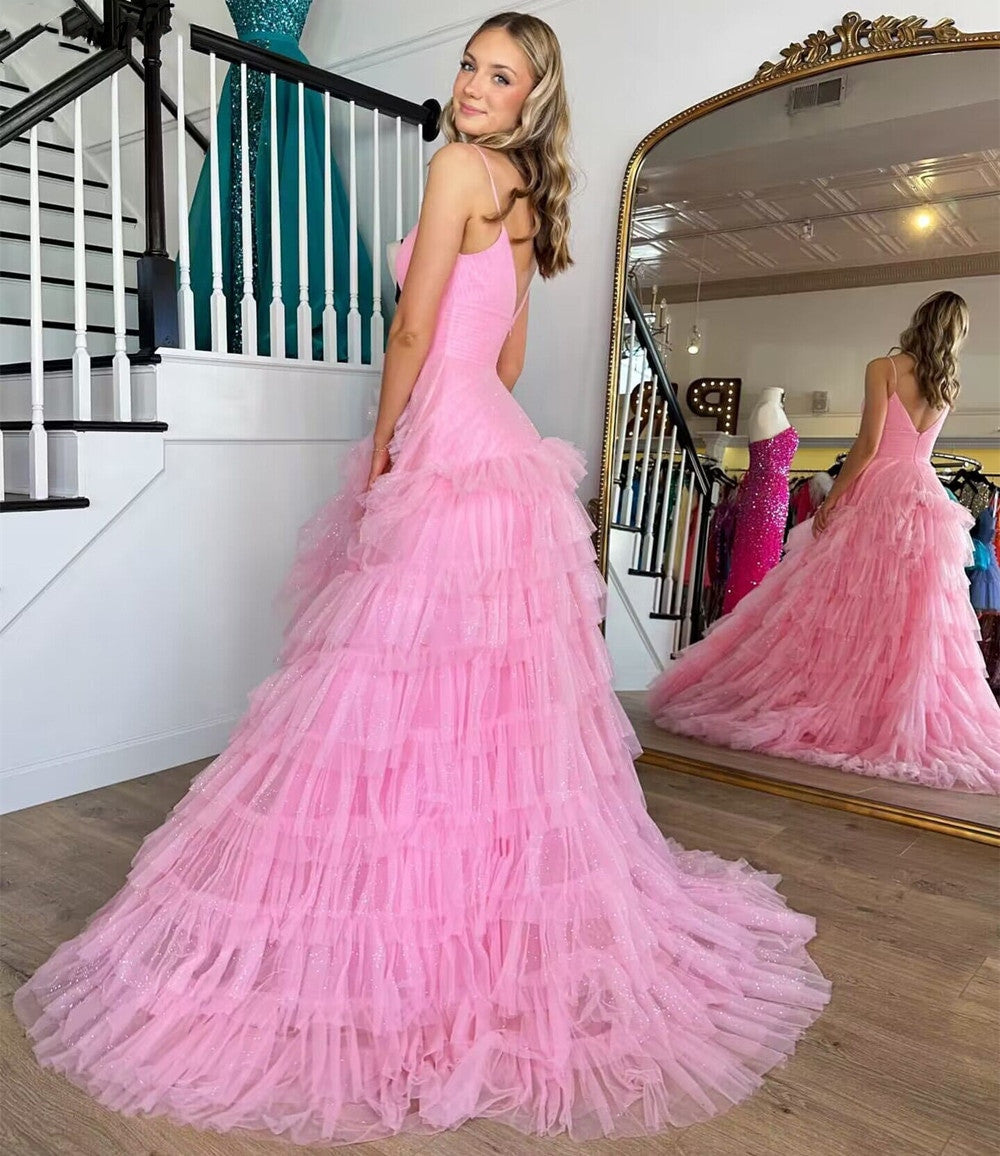 Alianna |A-Linien-Ballkleid aus Tüll mit Spaghettiträgern und Stufen