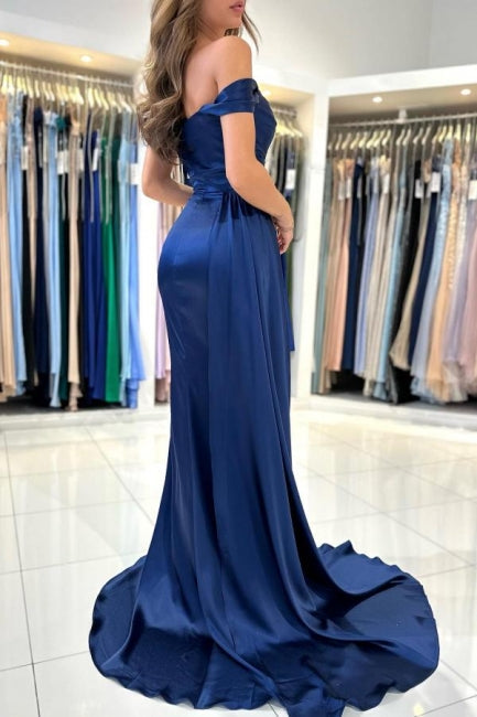 Vestido de fiesta azul real con escote en forma de A, escote en forma de corazón, abertura frontal, hombros descubiertos, sin tirantes y volantes