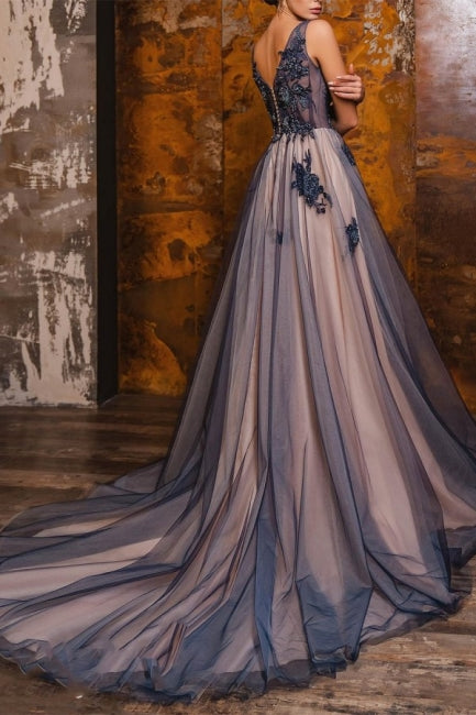 Vestidos de fiesta con escote en V, sin mangas, largo hasta el suelo, abertura frontal y apliques