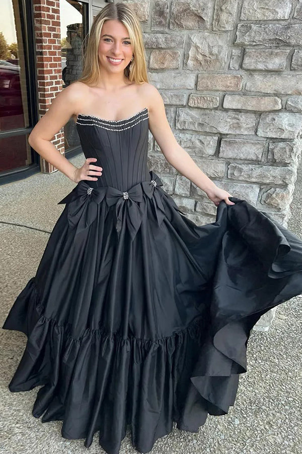 A-Line Beaded Strapless Corset Black Prom Dress with Bows