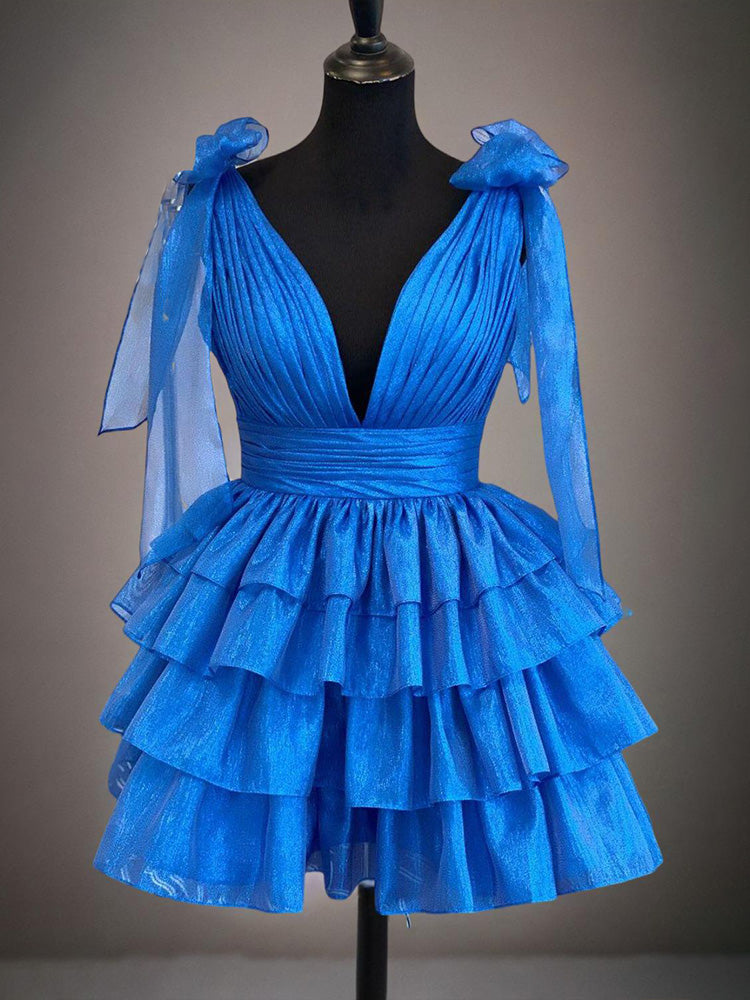 A-Linie, tiefer V-Ausschnitt, gestuftes glitzerndes Organza-Heimkehrkleid