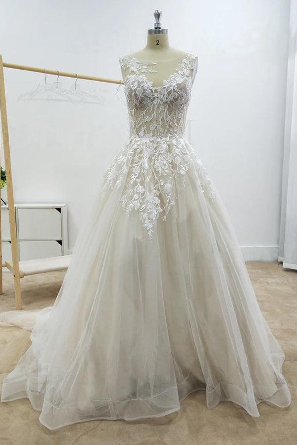 A-line Floral Applique Beach Wedding Dresses Backless Wedding Gown WD467