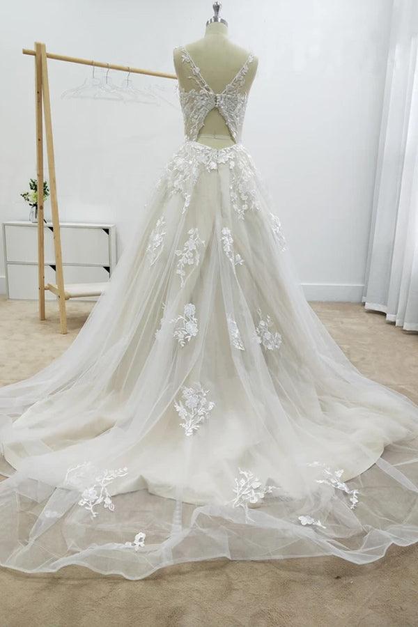 A-line Floral Applique Beach Wedding Dresses Backless Wedding Gown WD467