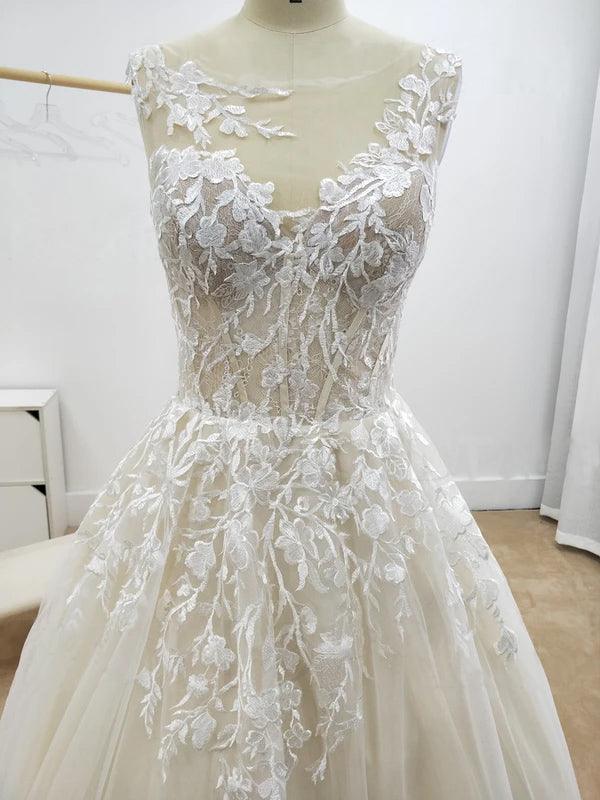 A-line Floral Applique Beach Wedding Dresses Backless Wedding Gown WD467