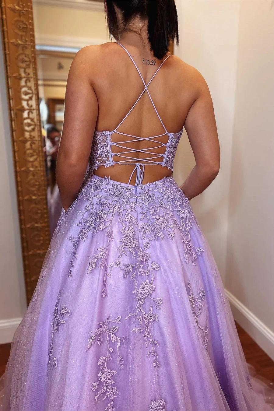 A-Line Lavender Tulle Applique Lace Up Back Prom Evening Dress