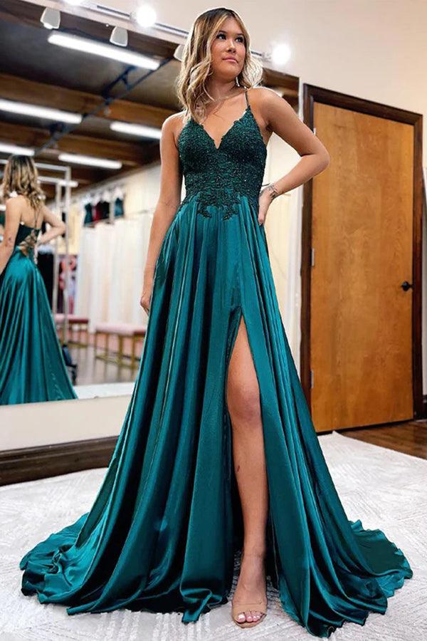 A-Line Long Satin Dark Green Prom Evening Dress with Split PSK406